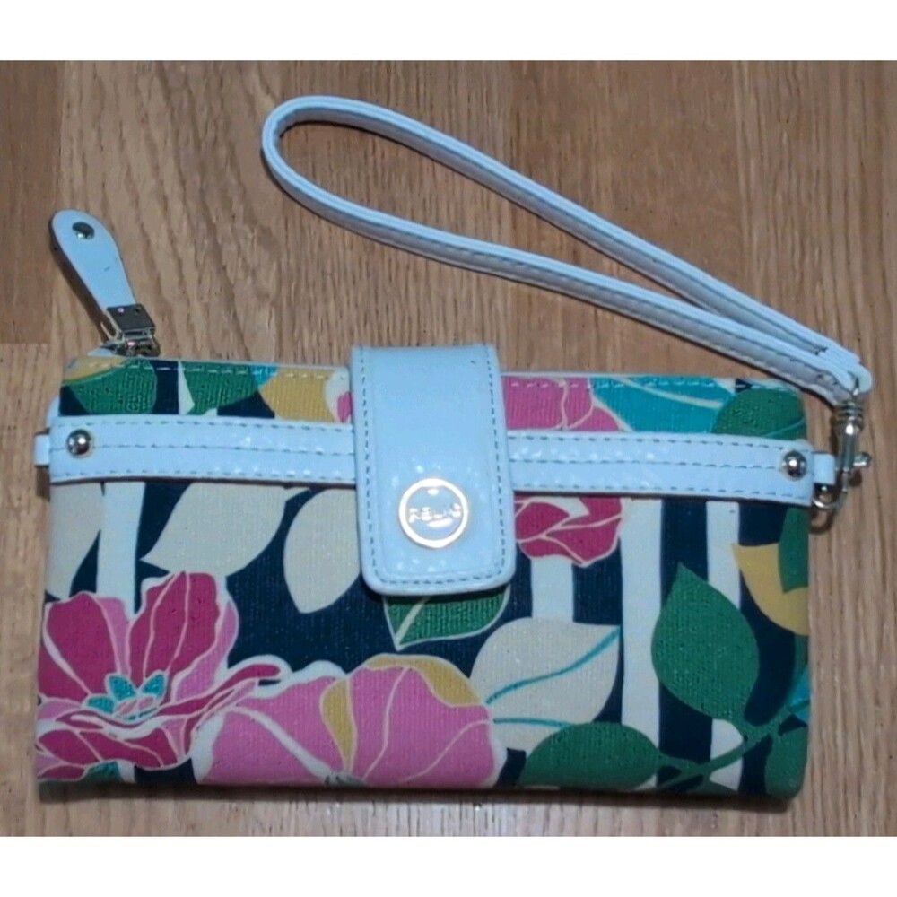 Relic By Fossil Canvas Floral Tropical Wallet  7x4" White Navy Vtg
